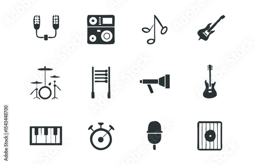 Bold Black Music Instrument Vector Icon Set for Entertainment and Studio Design Projects