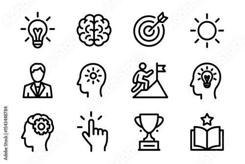 A Set of 12 Black and White Line Art Icons  Ideas, Brain, Target, Success, and More