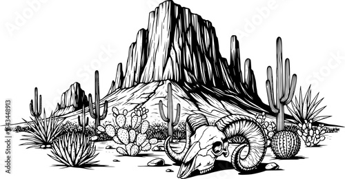 Desert landscape with cactus, animal skull, and rock formation illustration. Vector illustration
