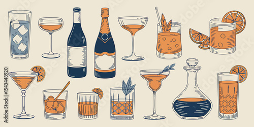 A Hand-Drawn Illustration of Various Cocktails and Drinks A Diverse Collection of Beverage Art