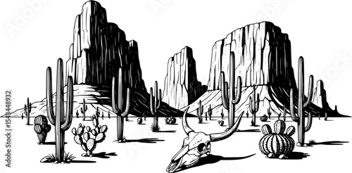 Desert landscape with cactus, animal skull, and rock formation illustration. Vector illustration
