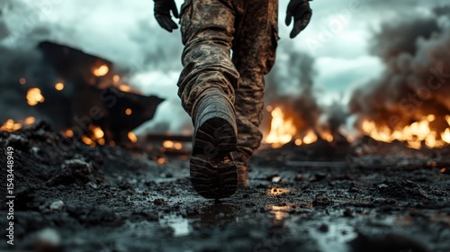 A soldier navigating through a smoky war-torn landscape, symbolizing bravery and resilience in the face of danger during challenging times.
