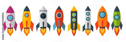 A Flat Design Illustration of Eight Colorful Rockets Launching into Space