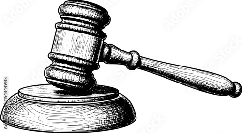 Wooden judge's gavel and sound block in black and white sketch, justice concept. Vector illustration
