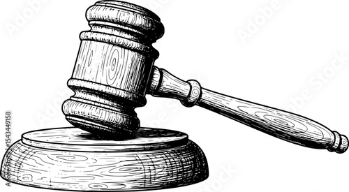 Wooden judge's gavel and sound block in black and white sketch, justice concept. Vector illustration
