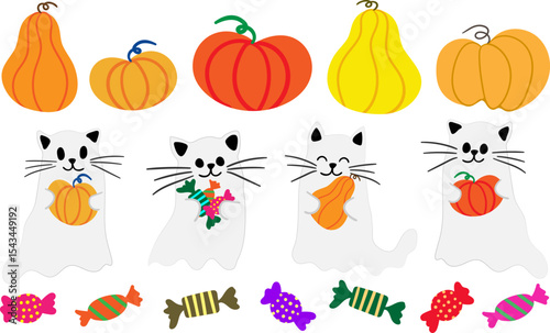 halloween vector elements set ghost cats pumpkins candies gourds holiday graphics children's designs adorable spooky season clip art