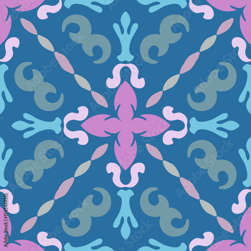 Delicate symmetry, arranged neatly on a blue background, traditional, pattern design for carpet, print, wrap, decorative, illustration, Fabric, Wallpaper, Ceramics.  
