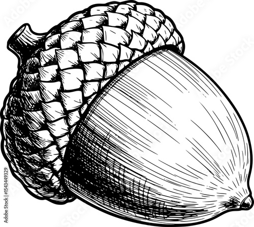 Detailed ink sketch of an acorn with textured cap and shading. Vector illustration
