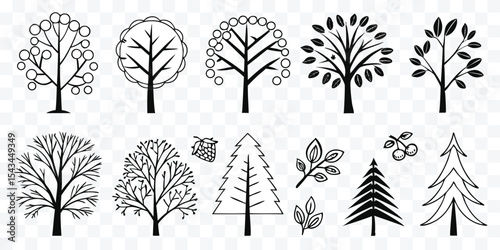 Minimalist Tree Icon Set – Clean Line Art Trees for Eco Design, UI, and Infographics