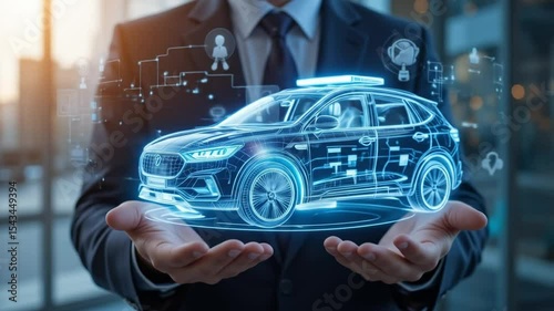 Businessman in suit holding digital holographic autonomous car projection. Innovative technology, future concept of autopilot vehicles, automotive industry. smart city transportation. 4k video