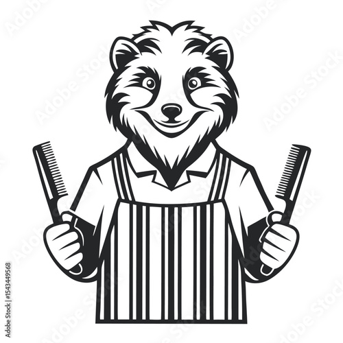 Cheerful Barber Badger: Vintage Illustration of a Cute Animal Character Holding Combs, Wearing an Apron, in Black and White for Barbershop Logo or Design Element