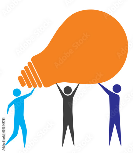 Flat vector illustration design concept of a business process and a business team working together to lift a light bulb as a symbol of succeeding the company. Collaboration and teamwork.