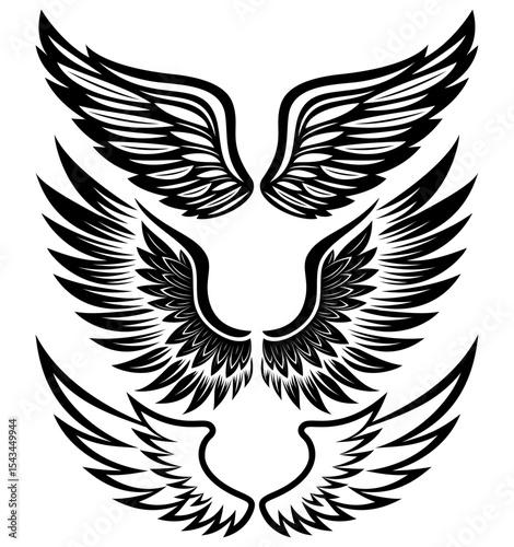 Set of Three Pairs of Stylized Black Angel Wings with Ornamental Feathers in Tribal Tattoo Style on White Background.