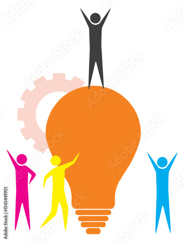Flat vector illustration design concept of business processes and business teams working together to lift a light as a symbol of success and company achievement. Collaboration and teamwork.