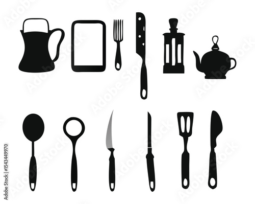 Elegant Black Vector Silhouette Icon Set of Kitchen Tools for Culinary Designs, Cooking Tutorials, and Home Decor Projects