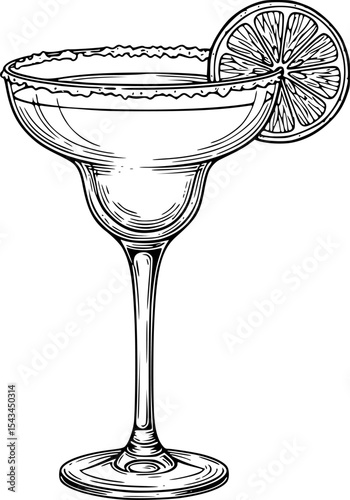 Black and white sketch of a margarita glass with lime slice, artistic illustration. Vector illustration
