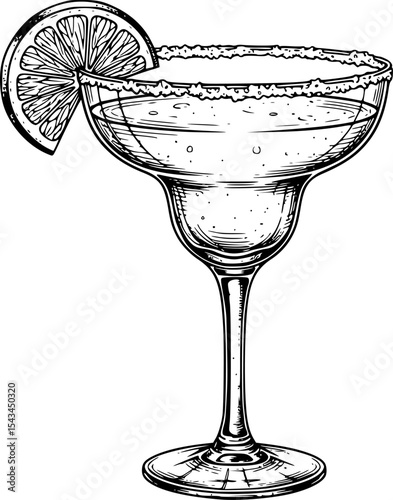 Black and white sketch of a margarita glass with lime slice, artistic illustration. Vector illustration
