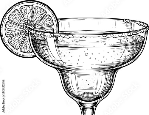 Black and white sketch of a margarita glass with lime slice, artistic illustration. Vector illustration
