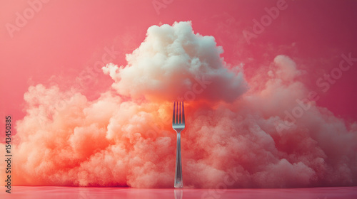 A stylized fork pierces a fluffy white cloud, set against a backdrop of swirling, coral-hued smoke clouds on a vibrant pink surface