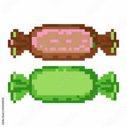 Pixel art wrapped candy sweets colorful retro confection icons, green and pink candies, nostalgic digital treats illustration