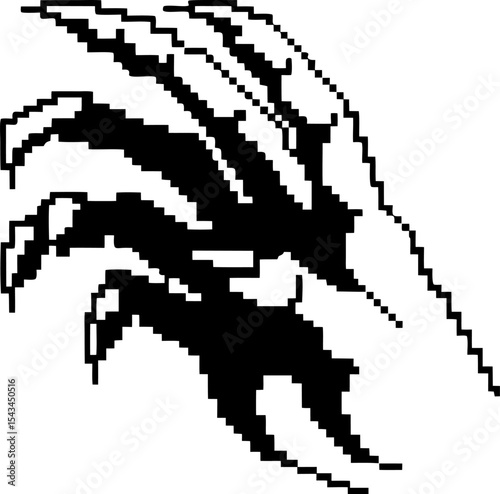 Pixel art monster hand with sharp claws black and white digital illustration, retro 8 bit glitch style, horror creature design