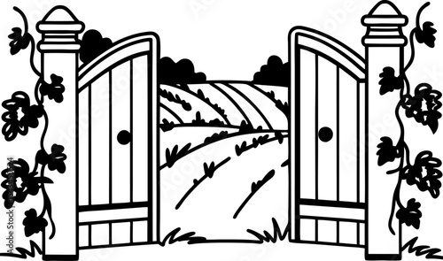 Open wooden gate with climbing vines, countryside landscape, fields, and road rural farm scene, agriculture pathway illustration