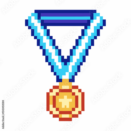 Pixel art gold medal with blue ribbon, first place award, retro video game reward icon, achievement and winner symbol