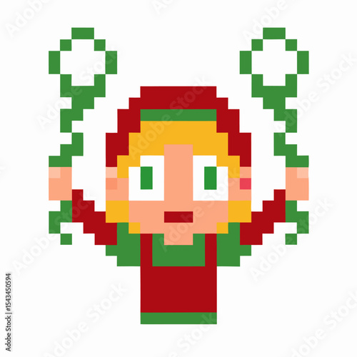 Pixel art girl skipping rope, retro video game character with green jump ropes, childhood nostalgia and play