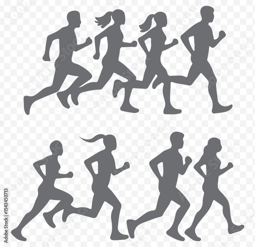 Silhouette of man and woman running side by side, symbolizing fitness, healthy lifestyle, exercise, marathon training, and active sports activity design on Transparent Background. EPS 10.