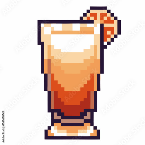 Pixel art orange cocktail drink in tall glass with citrus slice garnish retro beverage icon, summer refreshment concept