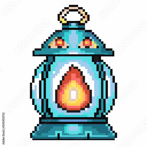Pixel art blue lantern with glowing flame, vintage retro fantasy design, isolated on white, magical gaming item