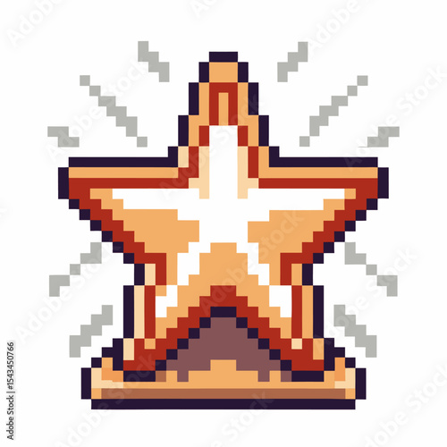 Pixel art golden star trophy icon with glowing light rays retro game award, achievement or victory symbol isolated on white