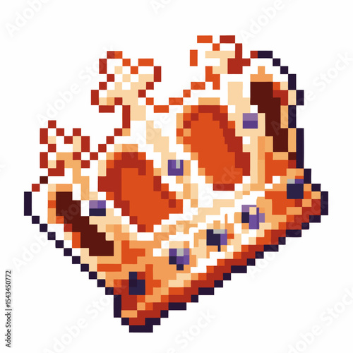 Golden royal crown in retro pixel art ornate vintage digital illustration with blue jewels, 8 bit gaming icon concept