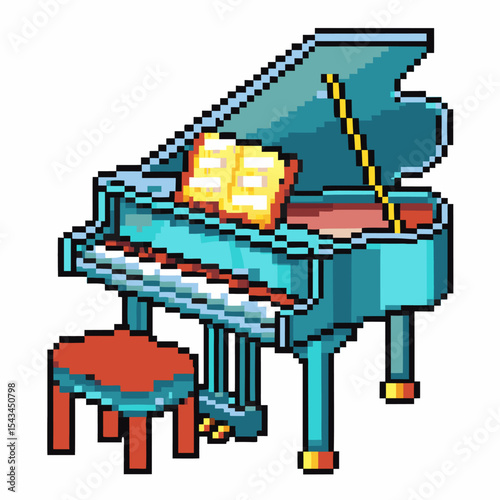 Pixel grand piano with open sheet music and matching stool, retro video game art, blue musical instrument illustration