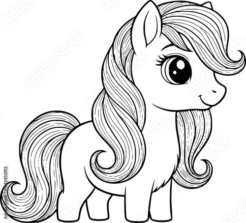 Cute sketch of a furry pony with flowing mane and expressive eyes, artwork. Vector illustration
