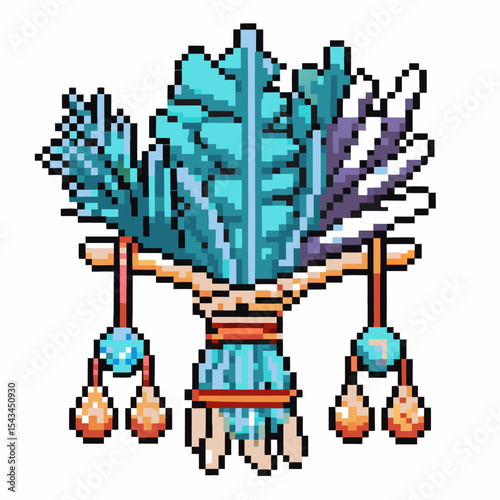 Traditional feather headdress pixel art decorative blue feathers, tribal ceremonial headpiece, ethnic ornament, retro game
