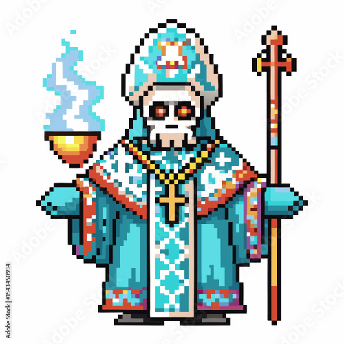 Pixel art skeleton priest in ornate blue robe and mitre, holding golden staff and censer with rising incense smoke