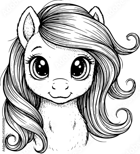 Cute sketch of a furry pony with flowing mane and expressive eyes, artwork. Vector illustration
