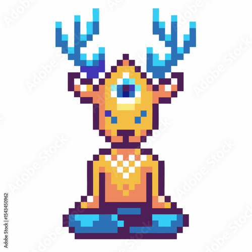 Pixel art one eyed deer meditating in lotus pose, blue antlers, mystical fantasy creature, retro game animal