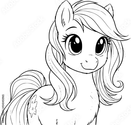 Cute sketch of a furry pony with flowing mane and expressive eyes, artwork. Vector illustration
