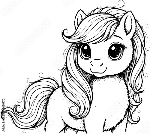 Cute sketch of a furry pony with flowing mane and expressive eyes, artwork. Vector illustration
