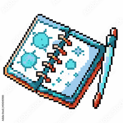 Pixel art open notebook with blue stains and pen retro digital sketchbook, creative learning or writing concept