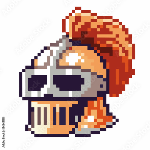 Pixel art medieval knight helmet with red plume retro gaming armor icon, vintage metal protective headgear