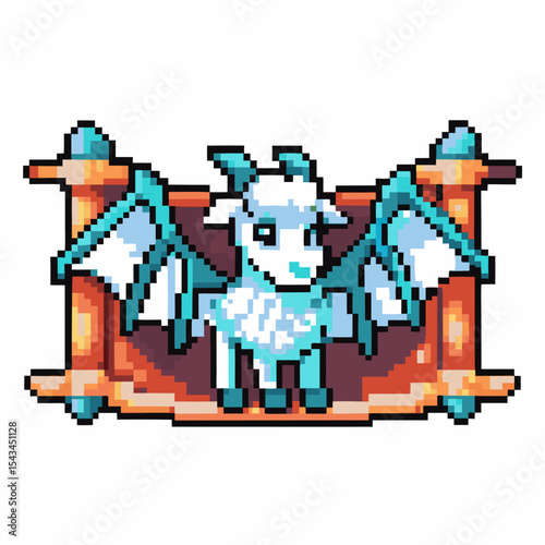 Pixel art fantasy goat with blue wings, animal icon in wooden frame, cute magic creature for games and avatars