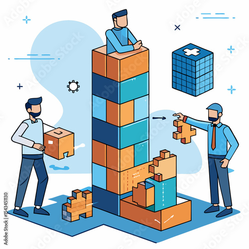 Collaborative Business Solutions Building and Problem Solving Vector Illustration,

