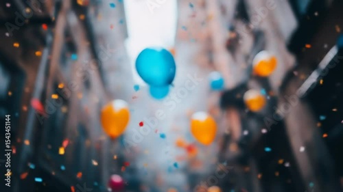 Colorful balloons and confetti in motion