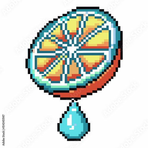 Pixel art orange slice with dripping juice retro citrus fruit icon, vibrant digital design, fresh summer drink element