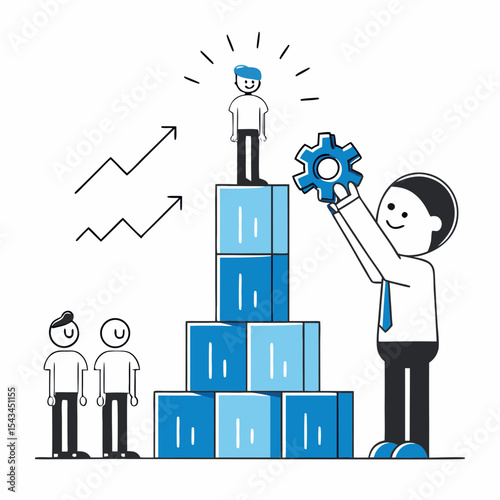 A man assembling building blocks to elevate another person, representing career growth and business success, with upward trending arrows,

