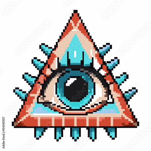 Pixel art all seeing eye in colorful triangular pyramid, vintage retro design, mystical symbol, digital geometric artwork