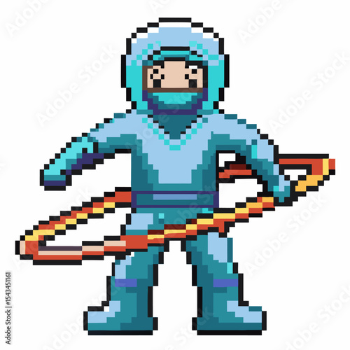 Pixel art character in blue hazmat suit playing with colorful hula hoop, retro game style, safety and fun concept